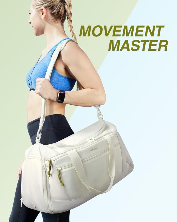 Gym Bag, 31L Sports Travel Duffle Bag With Shoe Compartment, Waterproof Travel Gym Duffel Bag for Men & Women, Carry On Weekender Workout Bag With Strap, Beige - Image 3
