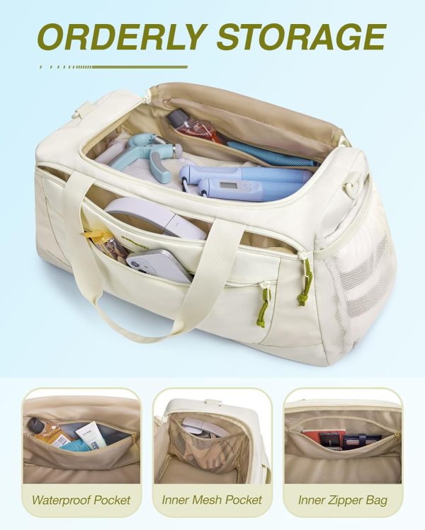Gym Bag, 31L Sports Travel Duffle Bag With Shoe Compartment, Waterproof Travel Gym Duffel Bag for Men & Women, Carry On Weekender Workout Bag With Strap, Beige - Image 4