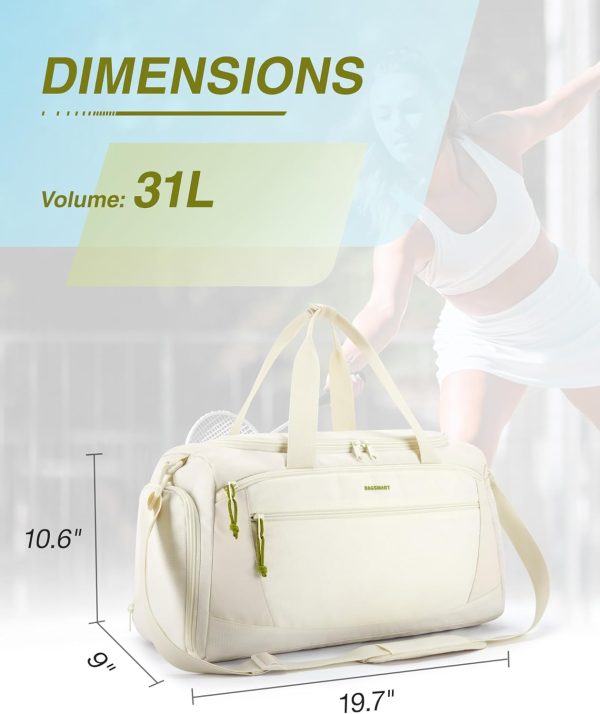 Gym Bag, 31L Sports Travel Duffle Bag With Shoe Compartment, Waterproof Travel Gym Duffel Bag for Men & Women, Carry On Weekender Workout Bag With Strap, Beige - Image 7